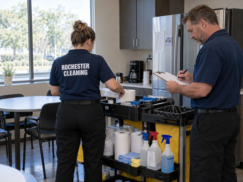 Two cleaners restocking a supply cart in an office break room