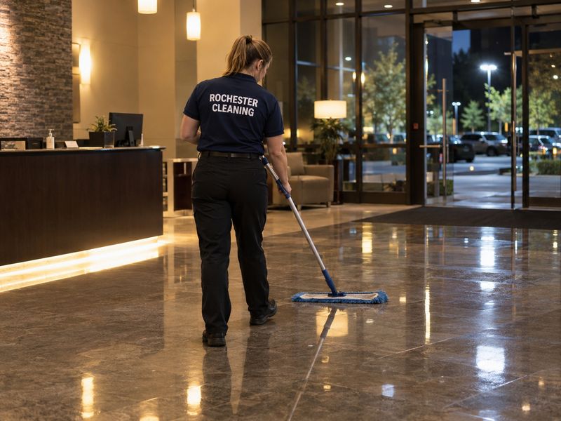 Cleaner mopping an office lobby floor